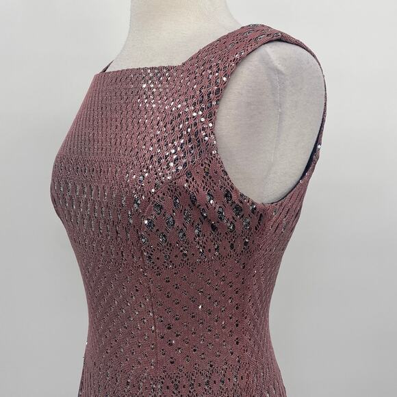 Vintage 90s Crochet Overlay Sequined Sheath Dress Squareneck Mauve Silver NEW 8 - Picture 6 of 12